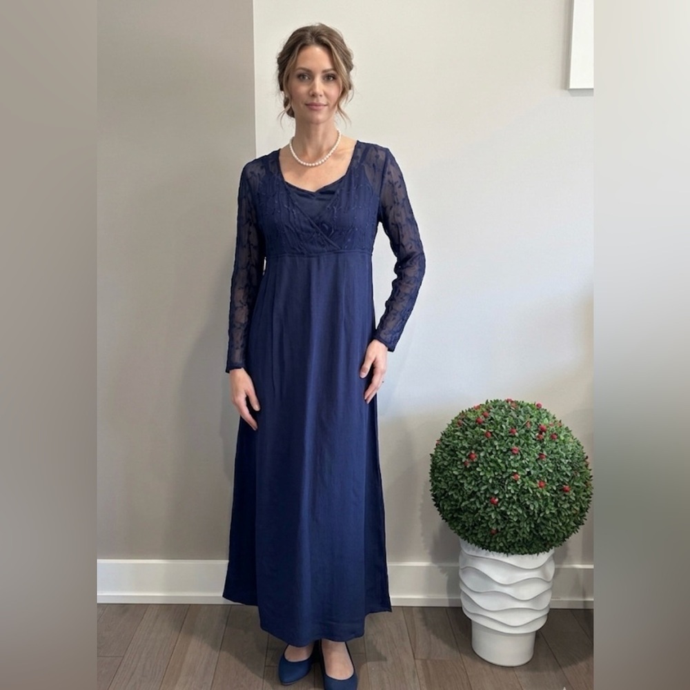 NWT VTG Pudding Shop Navy Long Sleeve Lace Maxi Dress for Women Sz 1